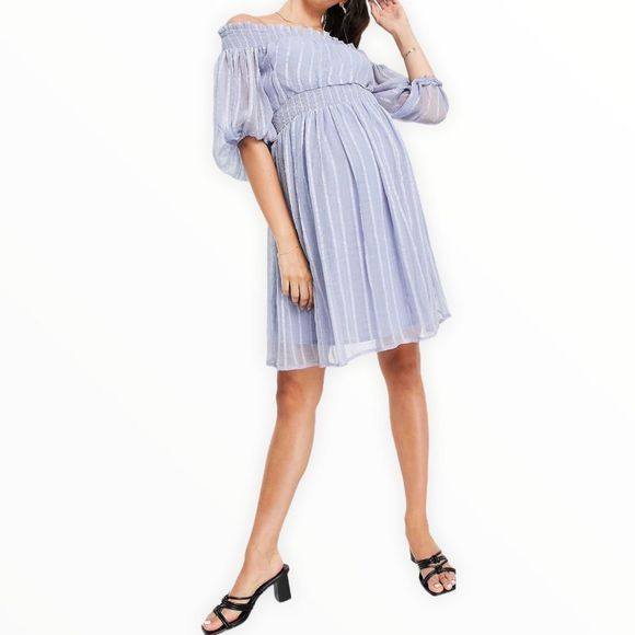 ASOS Maternity Off Shoulder Blue Stripe Mini Dress with Sheer Blouson Sleeve - Picture 2 of 14